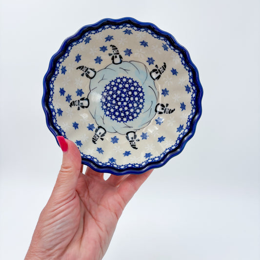 6” Shell Bowl.  Hand crafted Polish pottery stoneware:  Snowman Penguins Design