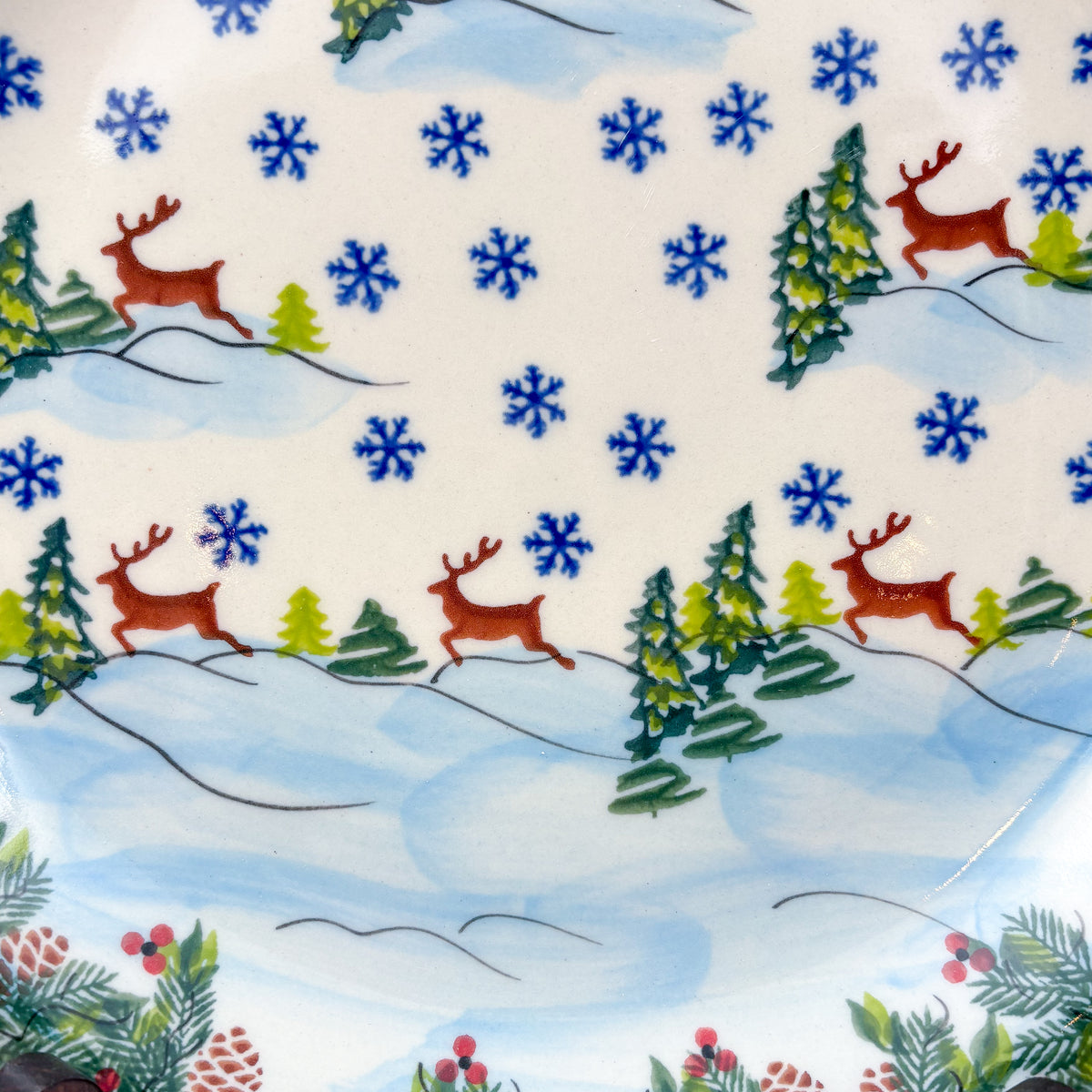 10.2” Plate.  Hand crafted Polish pottery stoneware: UNIKAT Holiday Reindeer