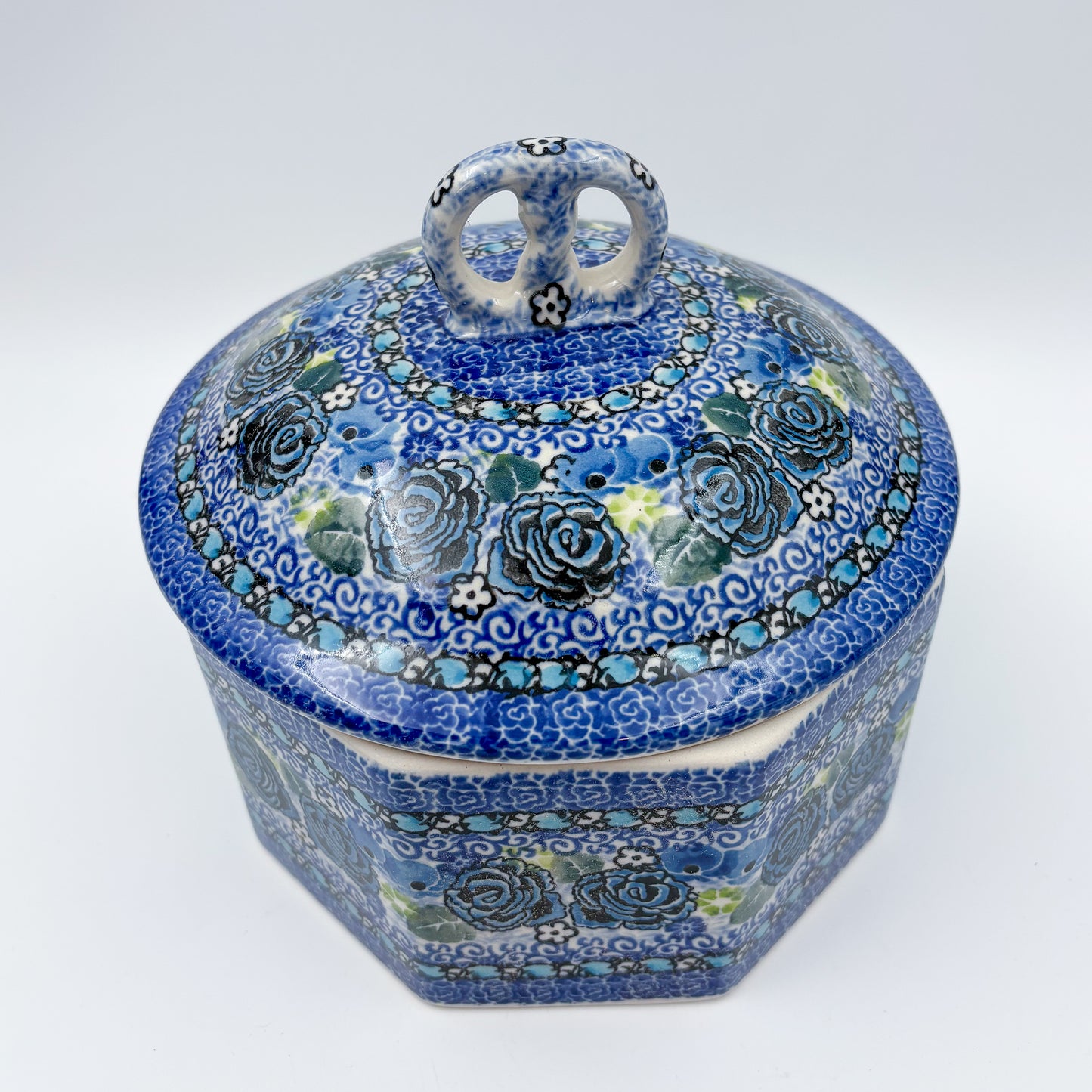 6" Pretzel Jar.  Handmade Polish pottery.  UNIKAT Garden at Midnight Design