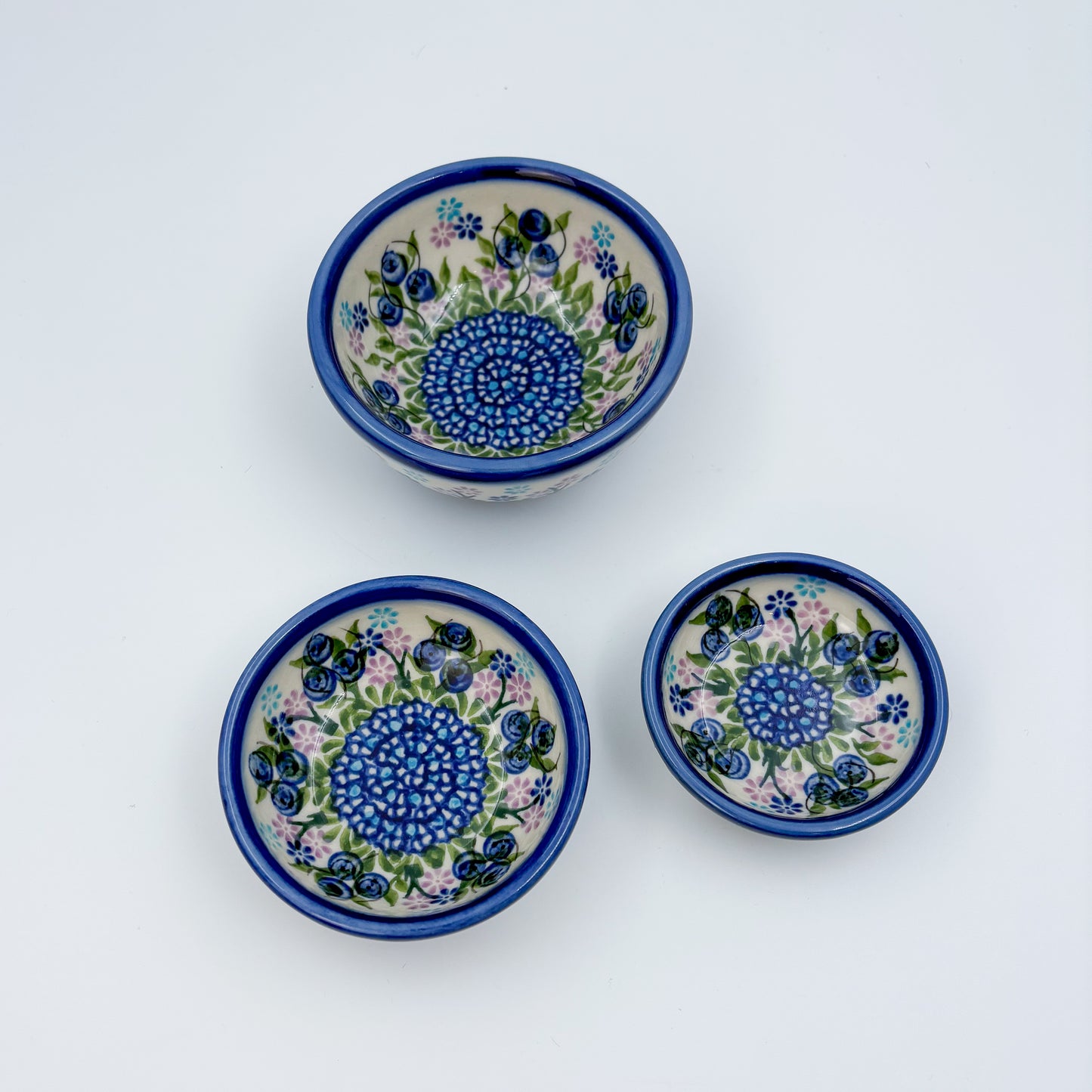 Small Set 3 stacking Bowls.  Hand crafted Polish pottery stoneware:  Blueberry Design
