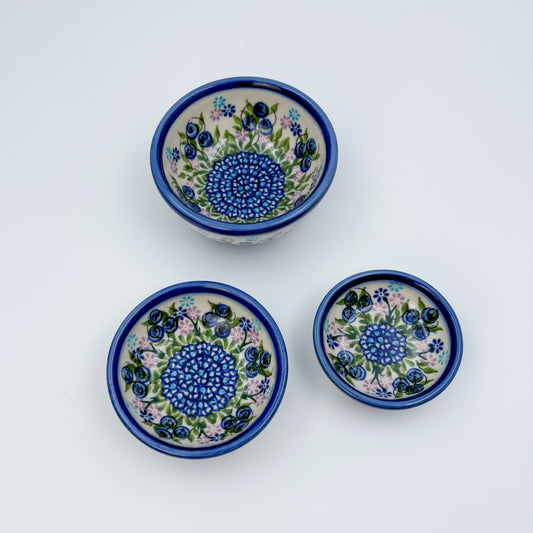 Small Set 3 stacking Bowls.  Hand crafted Polish pottery stoneware:  Blueberry Design
