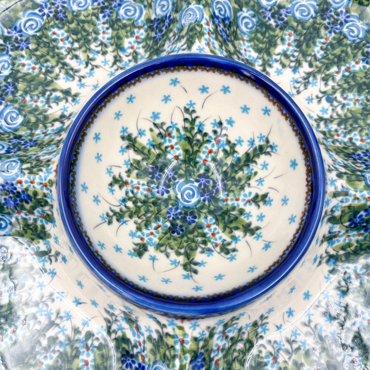 11" Divided Platter with Center Bowl.  Hand crafted Polish pottery stoneware: UNIKAT Whispering Ferns