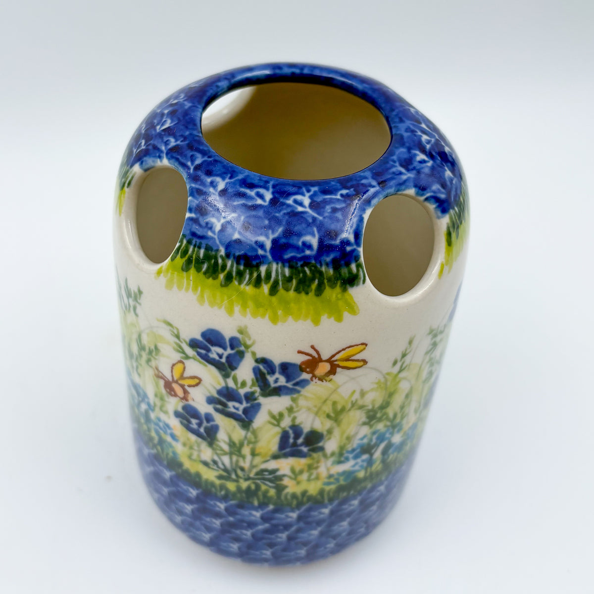 5” Toothbrush/Makeup Holder.  Hand crafted Polish pottery stoneware: UNIKAT Bluebell Meadow Design