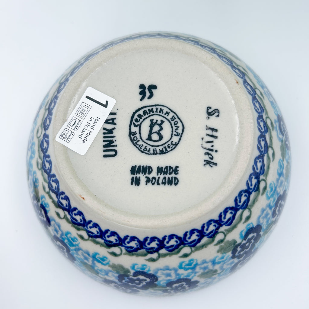 6” Deep Bowl.  Hand crafted Polish pottery stoneware: UNIKAT Blue KISS Blooms Design
