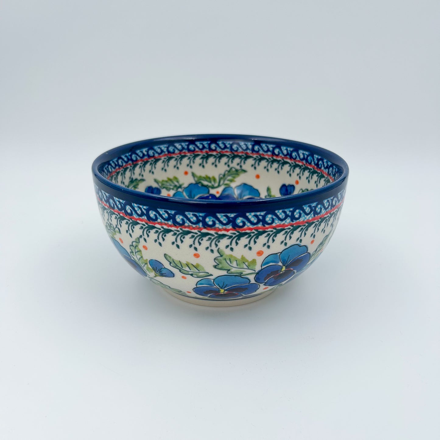 6.25” Deep Bowl.  Hand crafted Polish pottery stoneware:  Pansies In Bloom