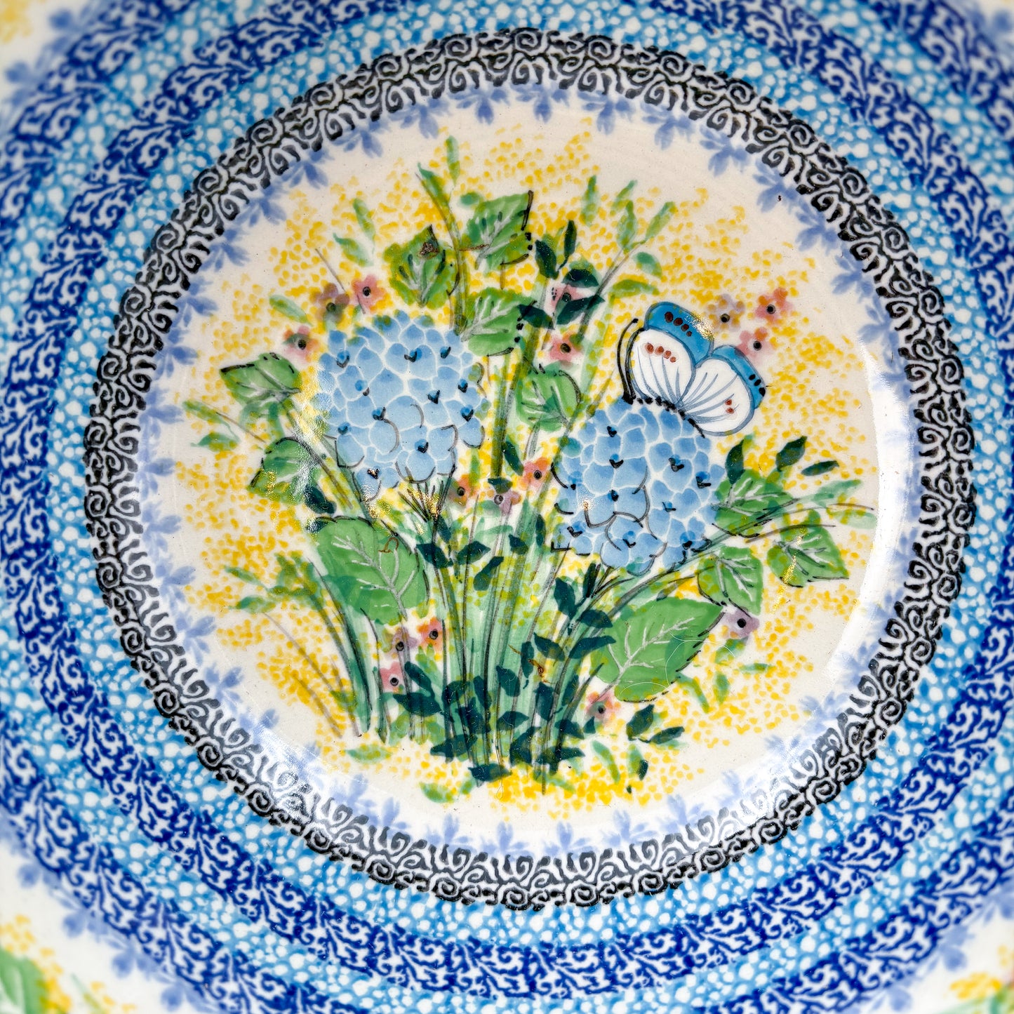 9” Serving Bowl.  Hand crafted Polish pottery stoneware: UNIKAT Blue Hydrangea Design