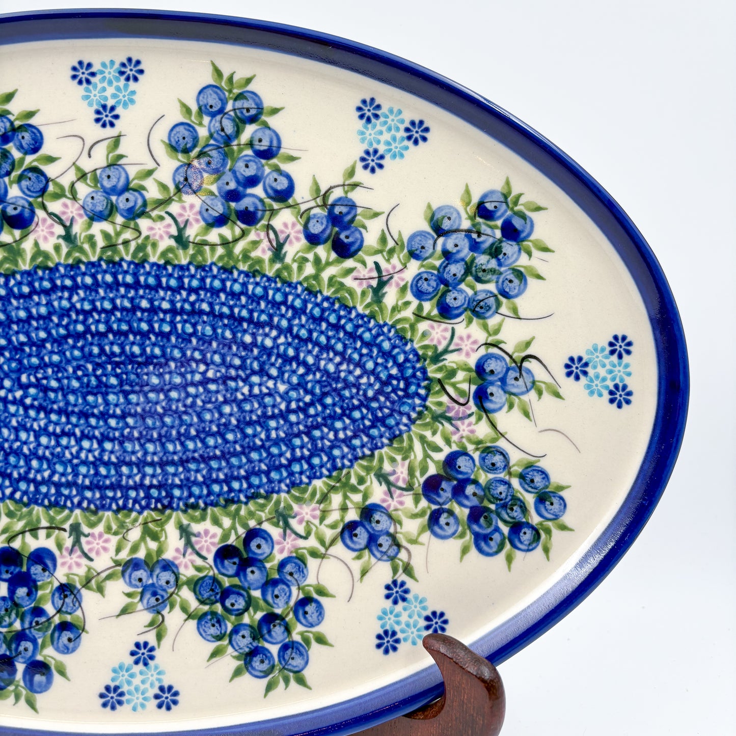 13.5" Oval Tray.  Hand crafted Polish pottery stoneware: UNIKAT Blueberry Design.
