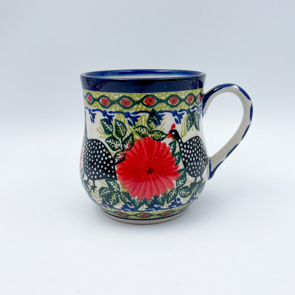 Fowls in Florals bubble mug on white background, angled front view