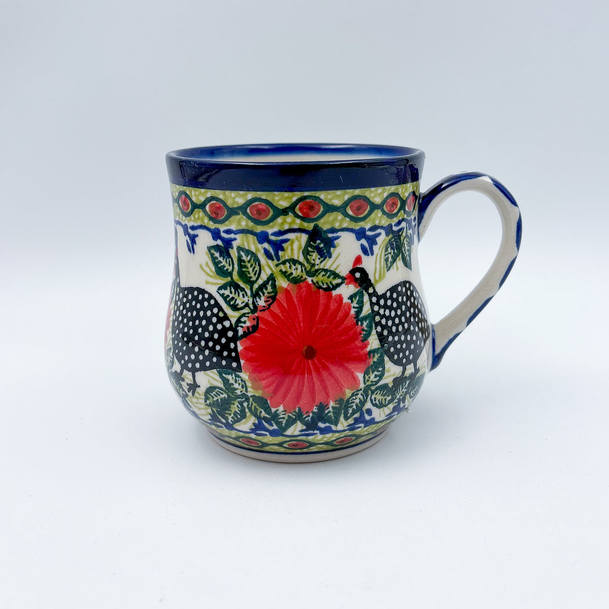 Fowls in Florals bubble mug on white background, angled front view