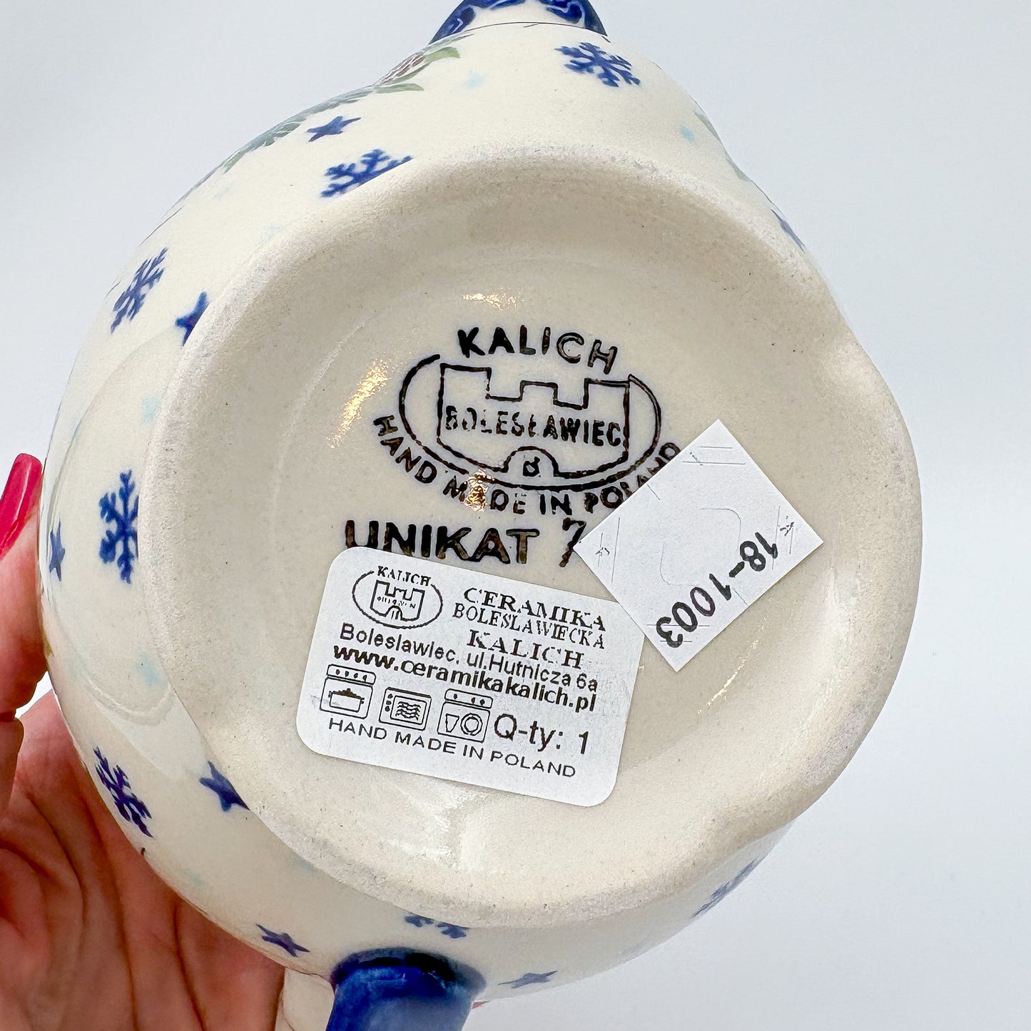 18 oz Loop Handle Gravy Dish.  Hand painted Polish pottery stoneware.  UNIKAT Cardinal Winter