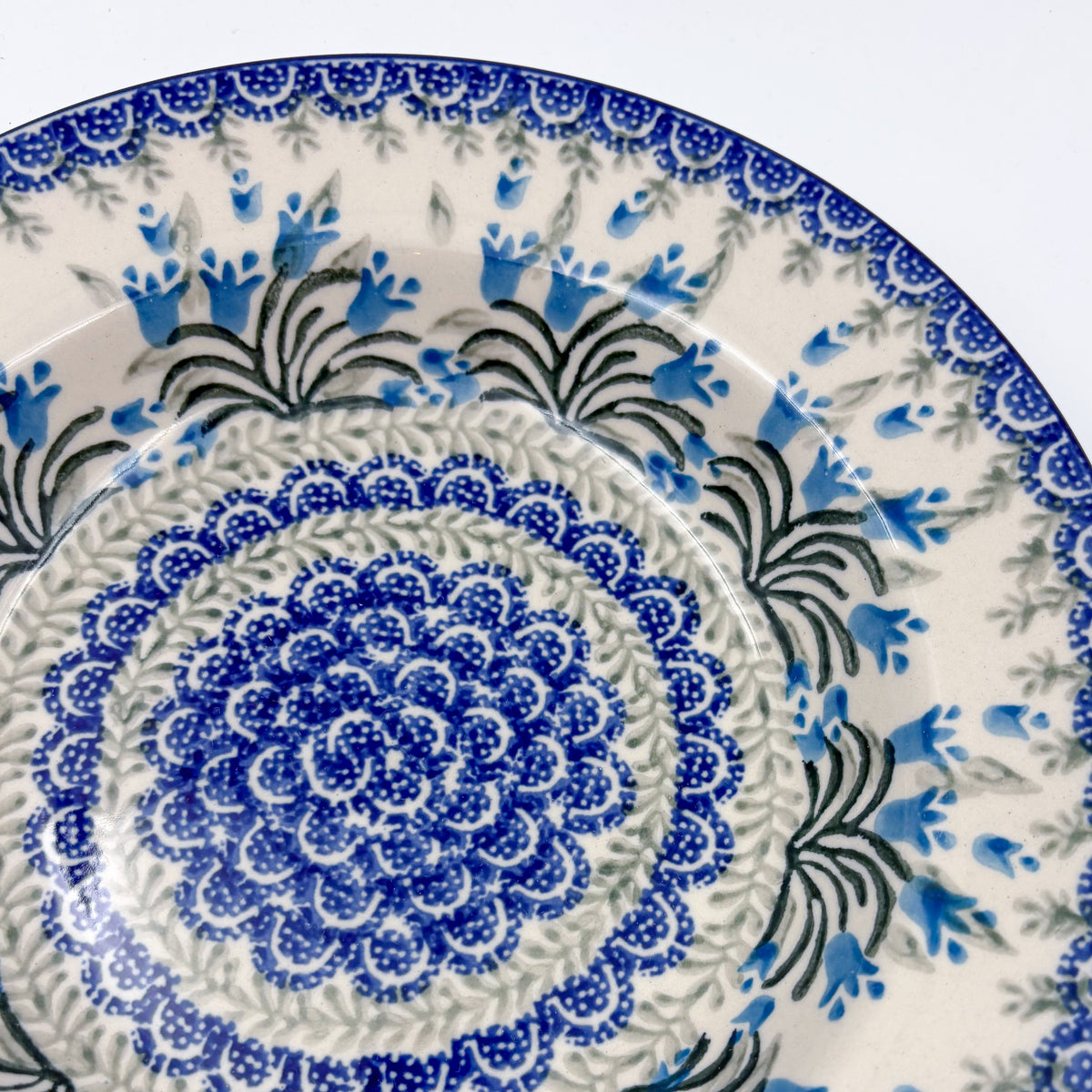 9”  Pasta Bowl.  Hand crafted Polish pottery stoneware: UNIKAT Feathery Bluebells Design
