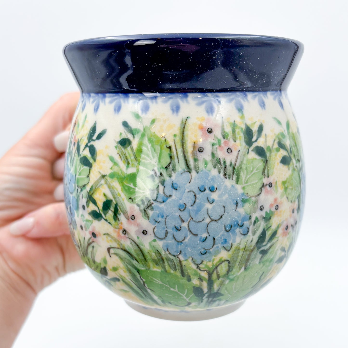 16 oz Bubble Mug. Handcrafted Polish pottery stoneware: UNIKAT Blue Hydrangea Design
