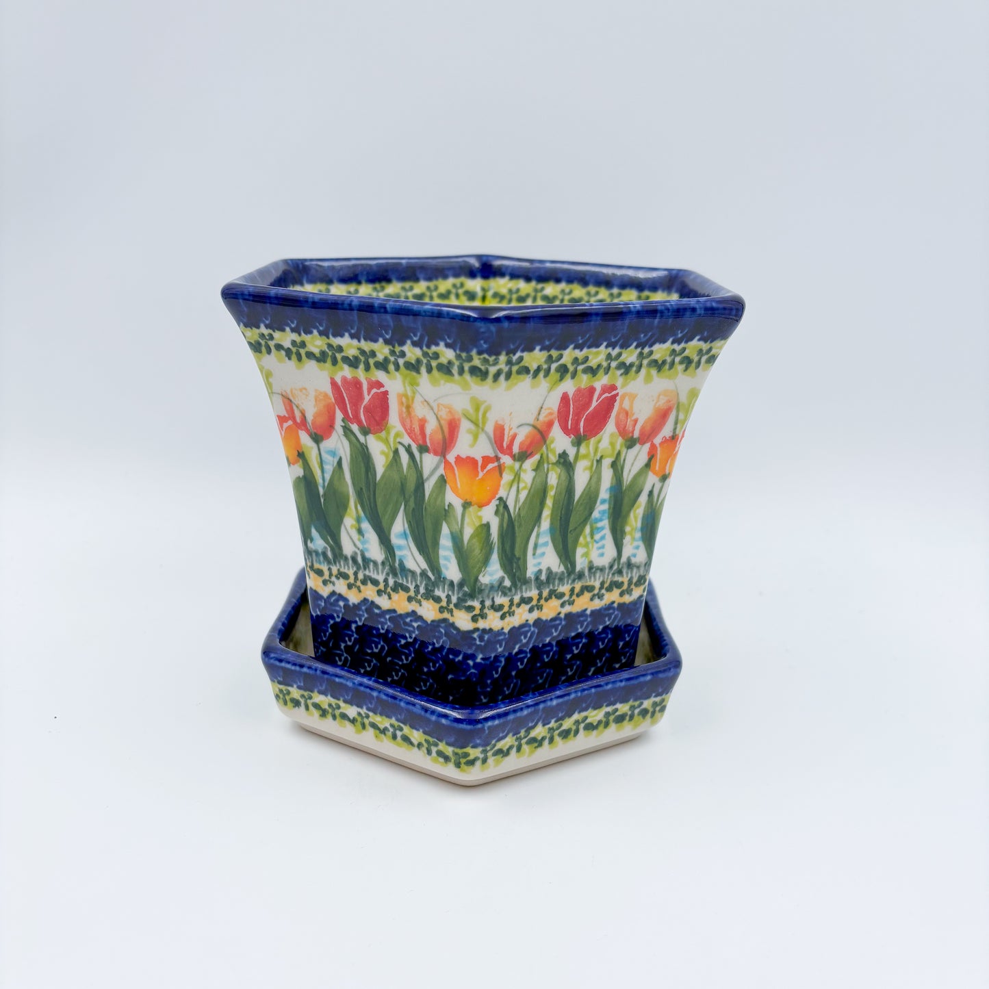 5” Flower Pot.  Handmade Polish pottery.  UNIKAT Tulip Fields