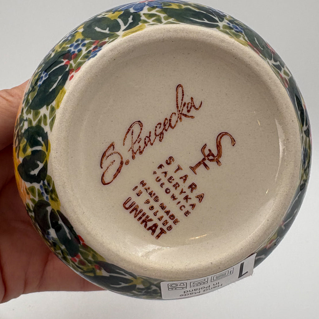 UNIKAT Wild Fern Bouquet round sugar bowl, bottom stamp signed S. Piasecka Stara Fabryka Unikat held in hand
