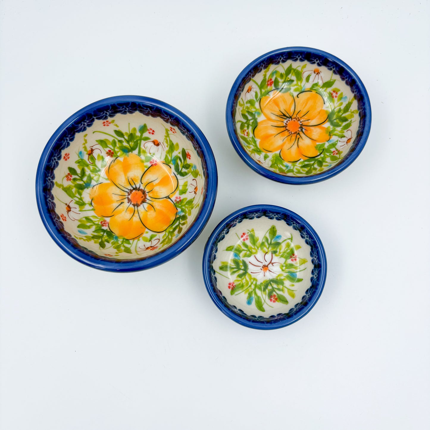 Small Set 3 stacking Bowls.  Hand crafted Polish pottery stoneware:  UNIKAT Orange Poppy
