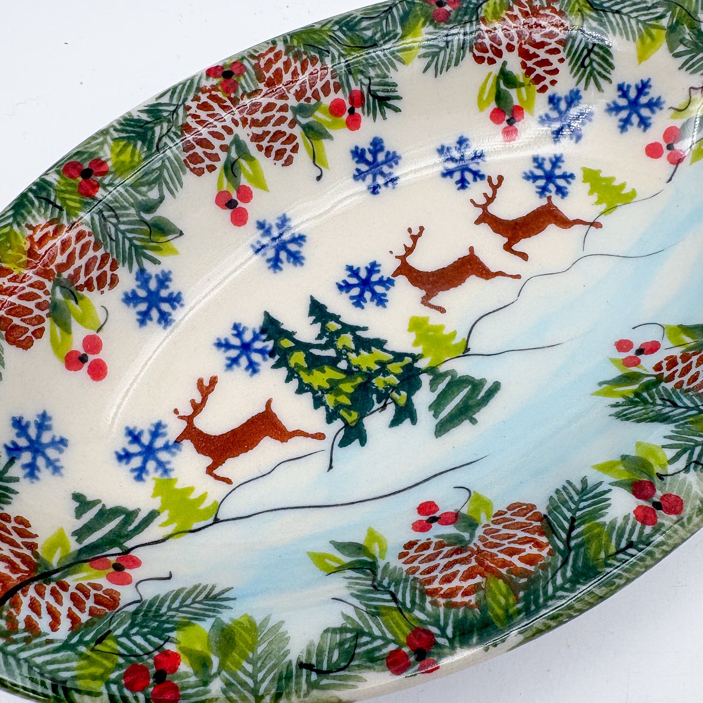 7" Oval Milano Platter  Hand crafted Polish pottery stoneware: UNIKAT Reindeer Bliss Design (Copy)