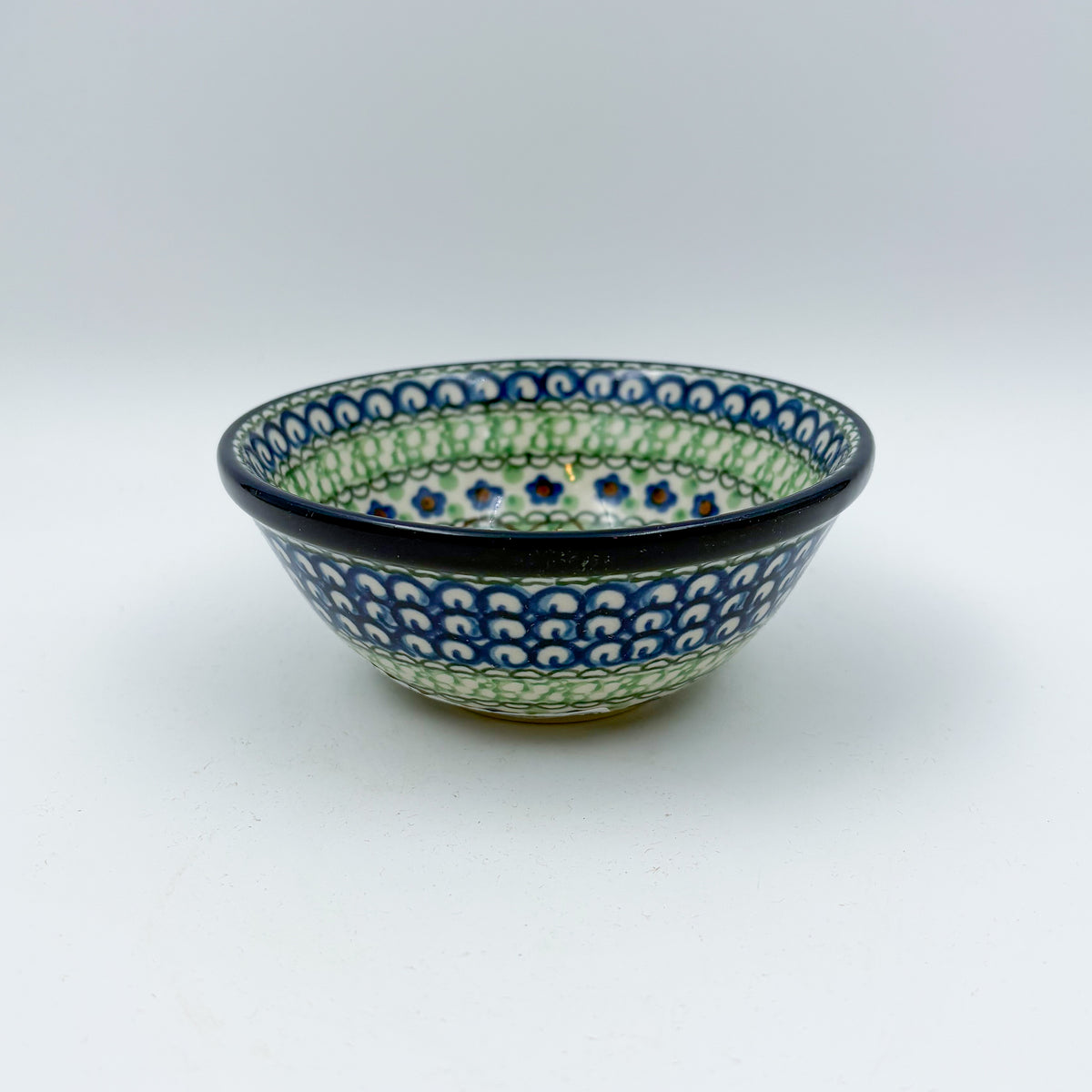 5” Bowl.  Hand crafted Polish pottery stoneware: UNIKAT Green Pansies Design