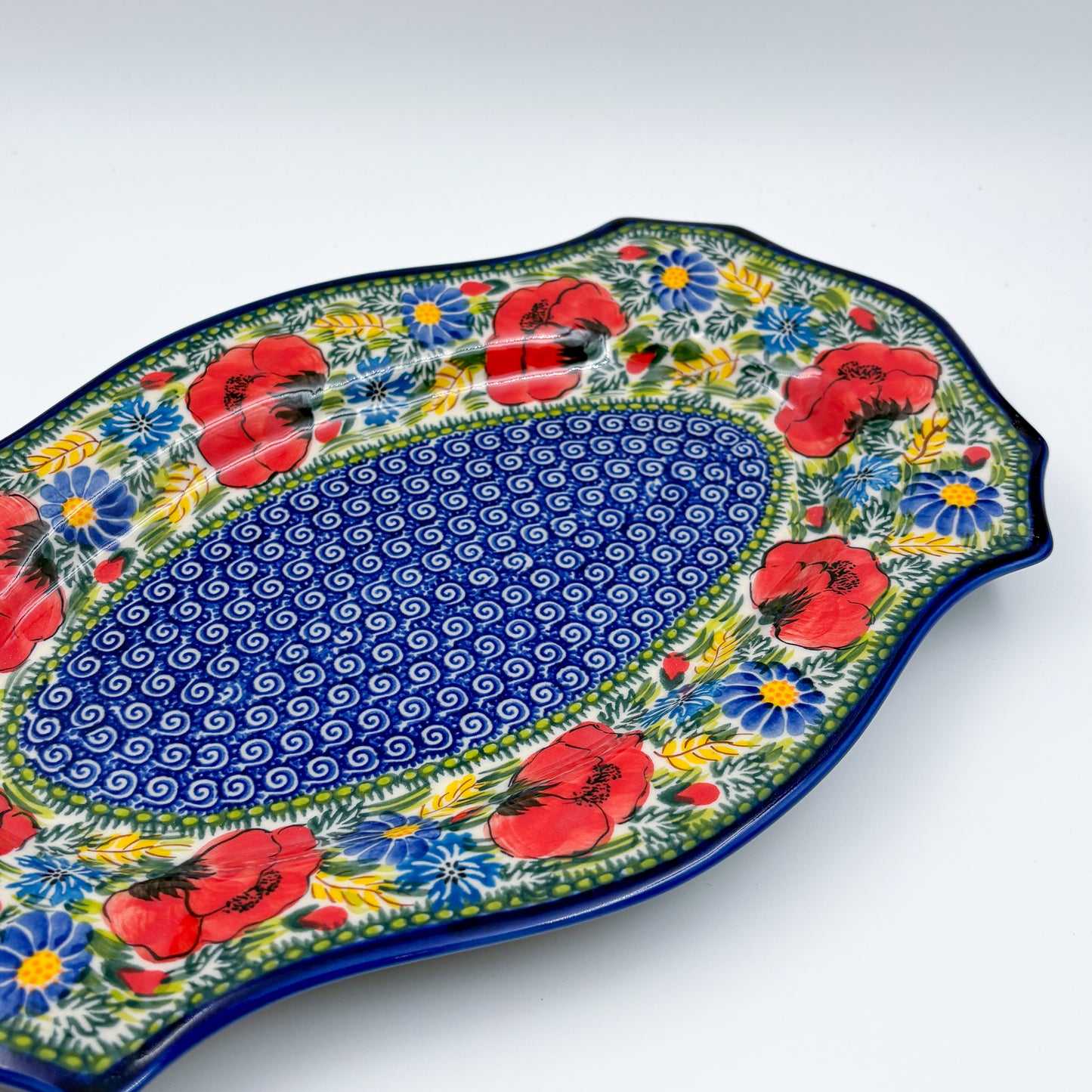 13" Cezar Platter.  Hand crafted Polish pottery stoneware: UNIKAT Poppy Garden Design.
