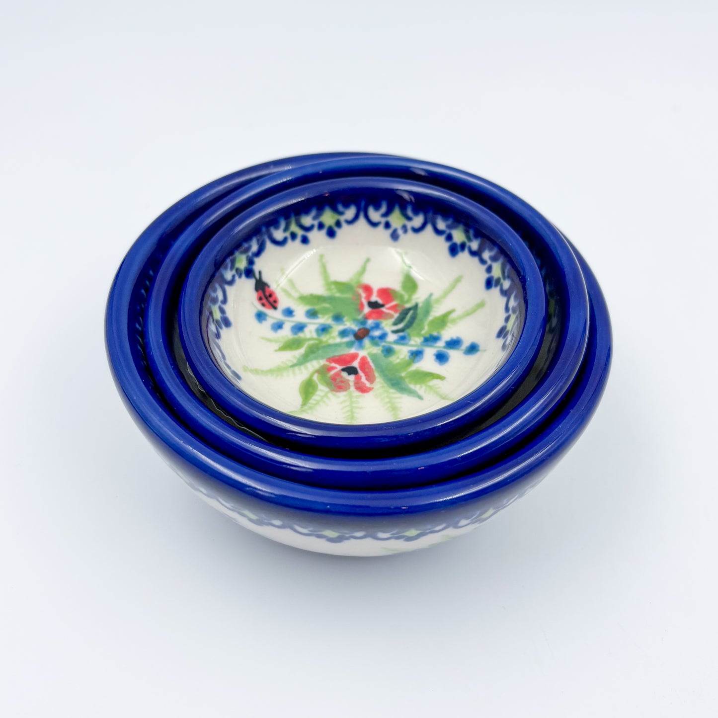 Small Set 3 stacking Bowls.  Hand crafted Polish pottery stoneware:  UNIKAT Ladybug Fields
