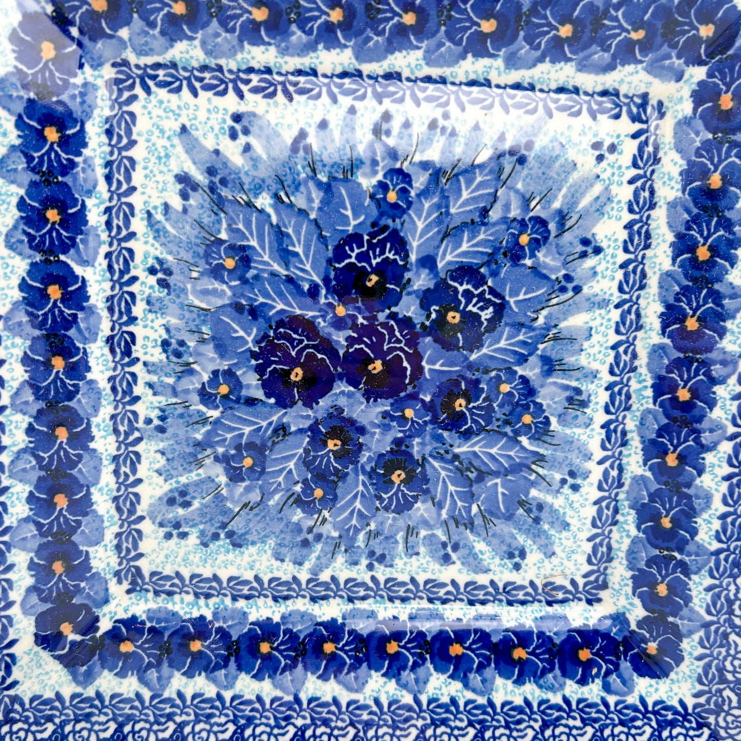 10” Square Plate.  Hand crafted Polish pottery stoneware: UNIKAT Deep Winter Pattern