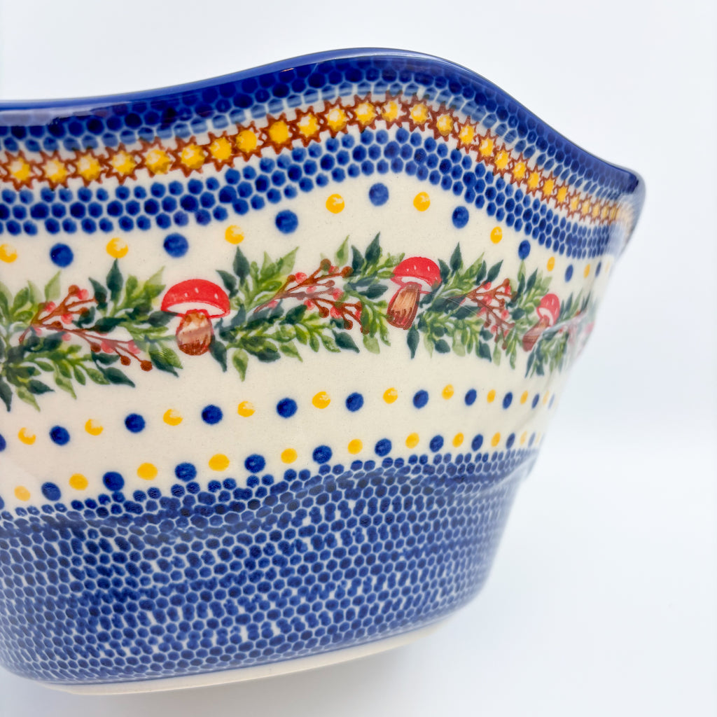 13” Wavy Bowl XL.  Hand crafted Polish pottery stoneware:  UNIKAT Holiday Mushroom Design