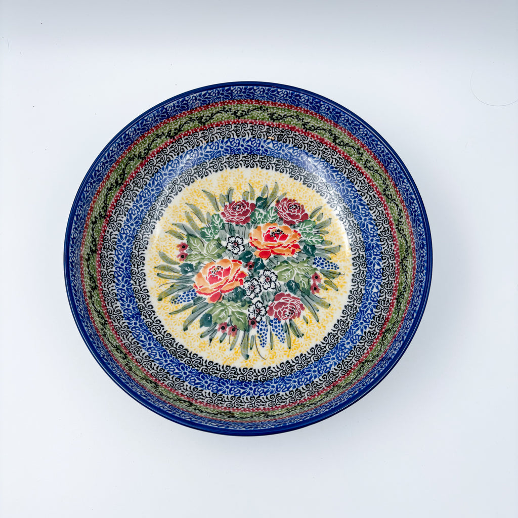 9”  Deep Bowl.  Hand crafted Polish pottery stoneware: UNIKAT Copper Rose Meadow Design