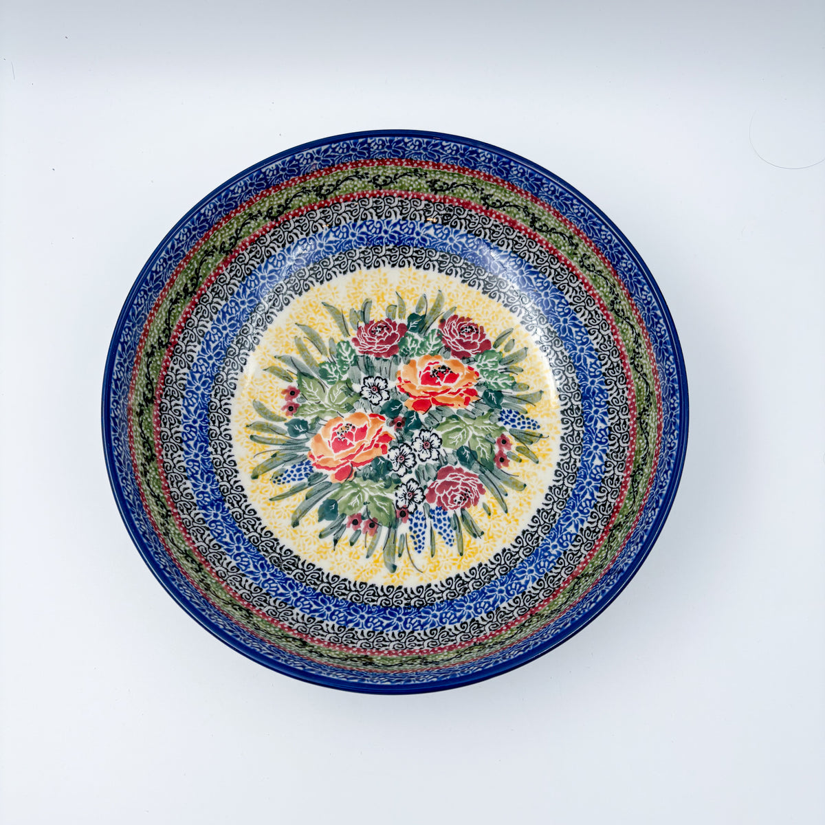 9”  Deep Bowl.  Hand crafted Polish pottery stoneware: UNIKAT Copper Rose Meadow Design