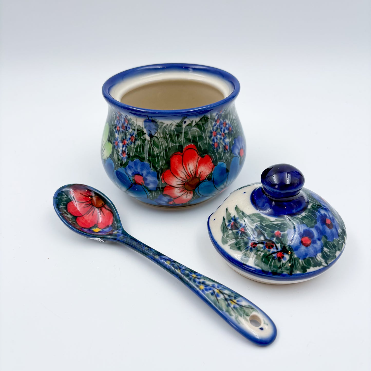 Sugar Bowl and spoon.  UNIKAT Forget Me Knot Pansy Pattern