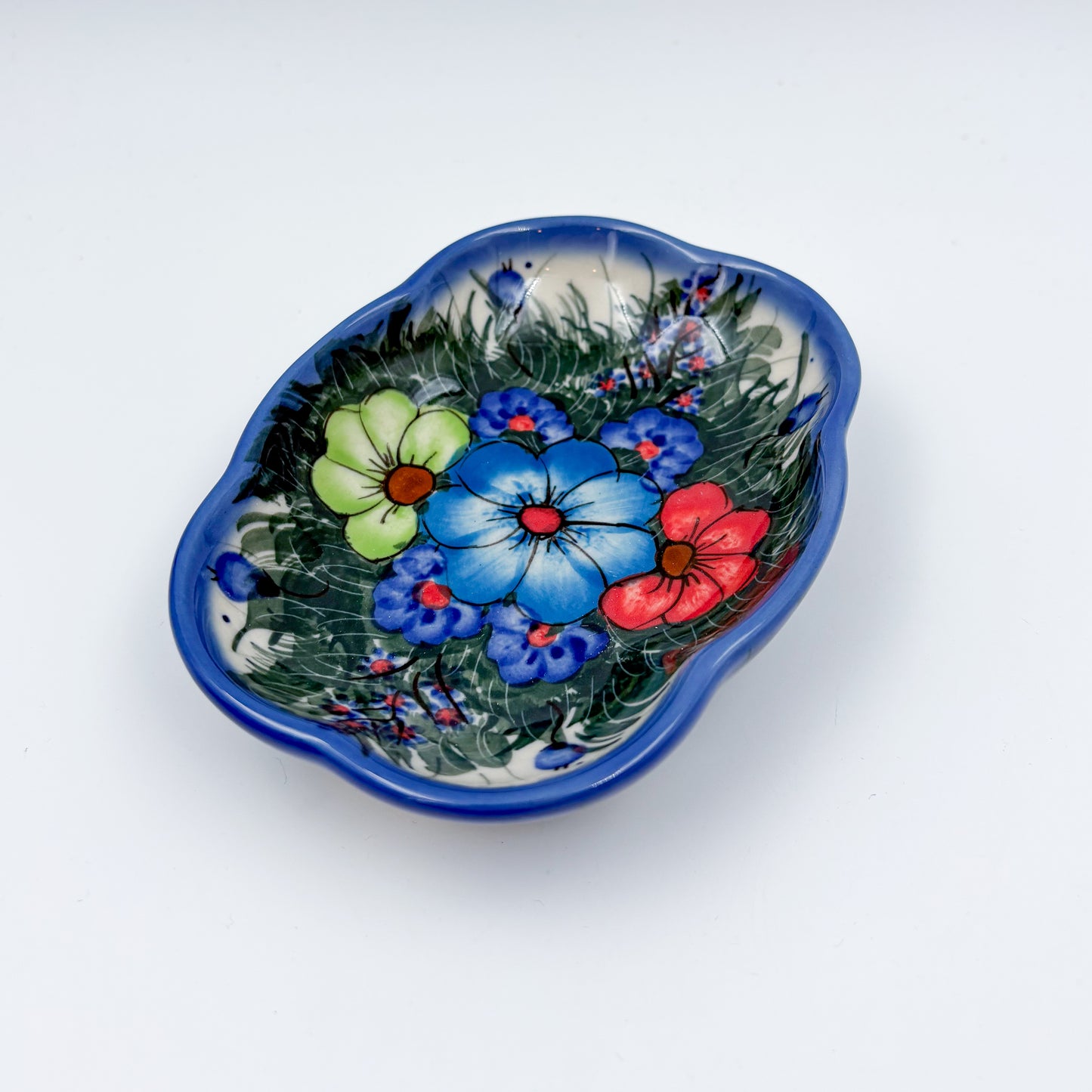 5" Soap Dish.  Handmade Polish pottery.  UIKAT Forget Me Not Design