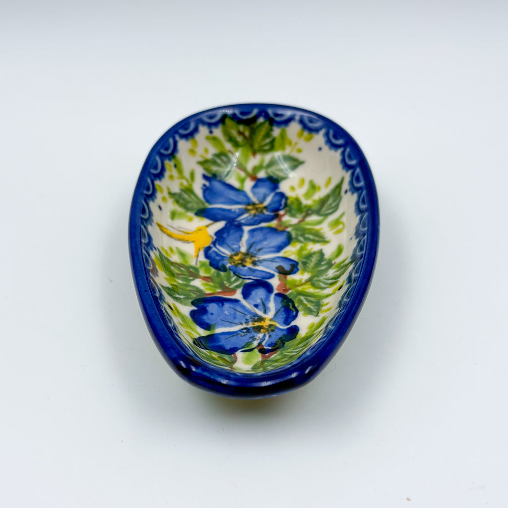 Spoon Rest 5”.  Handmade Polish pottery.  UNIKAT Blue Poppy Songbird