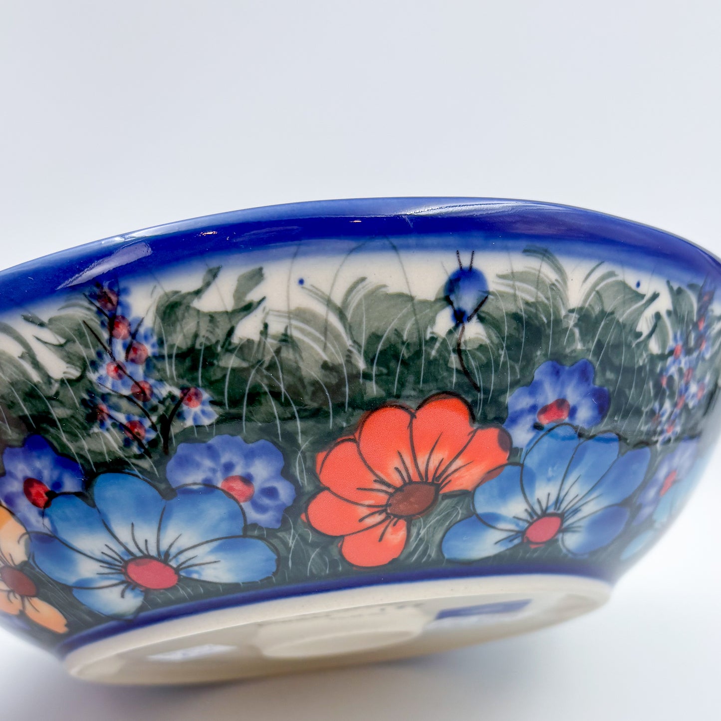 10" Bowl with Handles. Hand crafted Polish pottery stoneware:  UNIKAT Forget Me Not Pansy Pattern