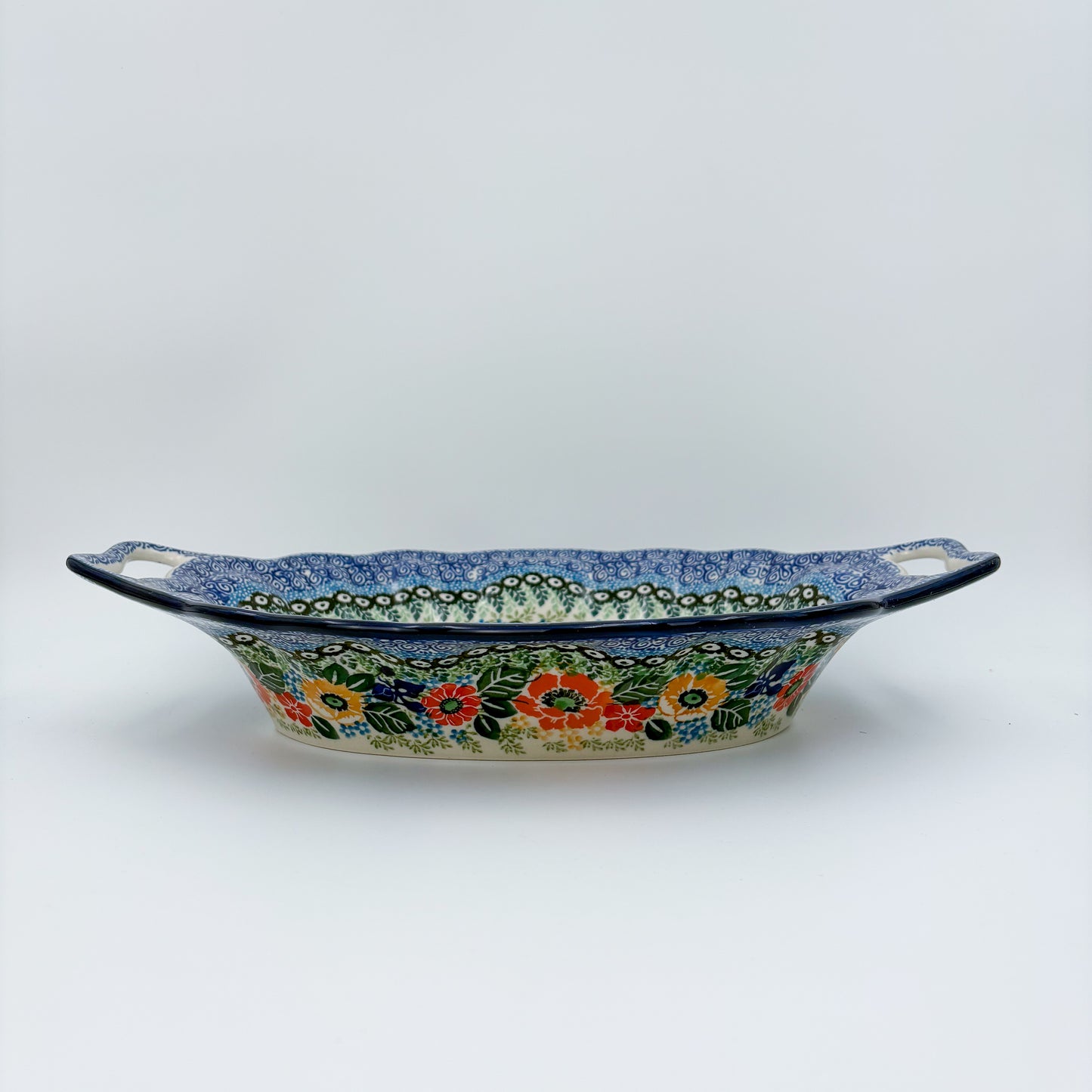 13" Platter with Handles handmade in Poland. Iris Meadow Design