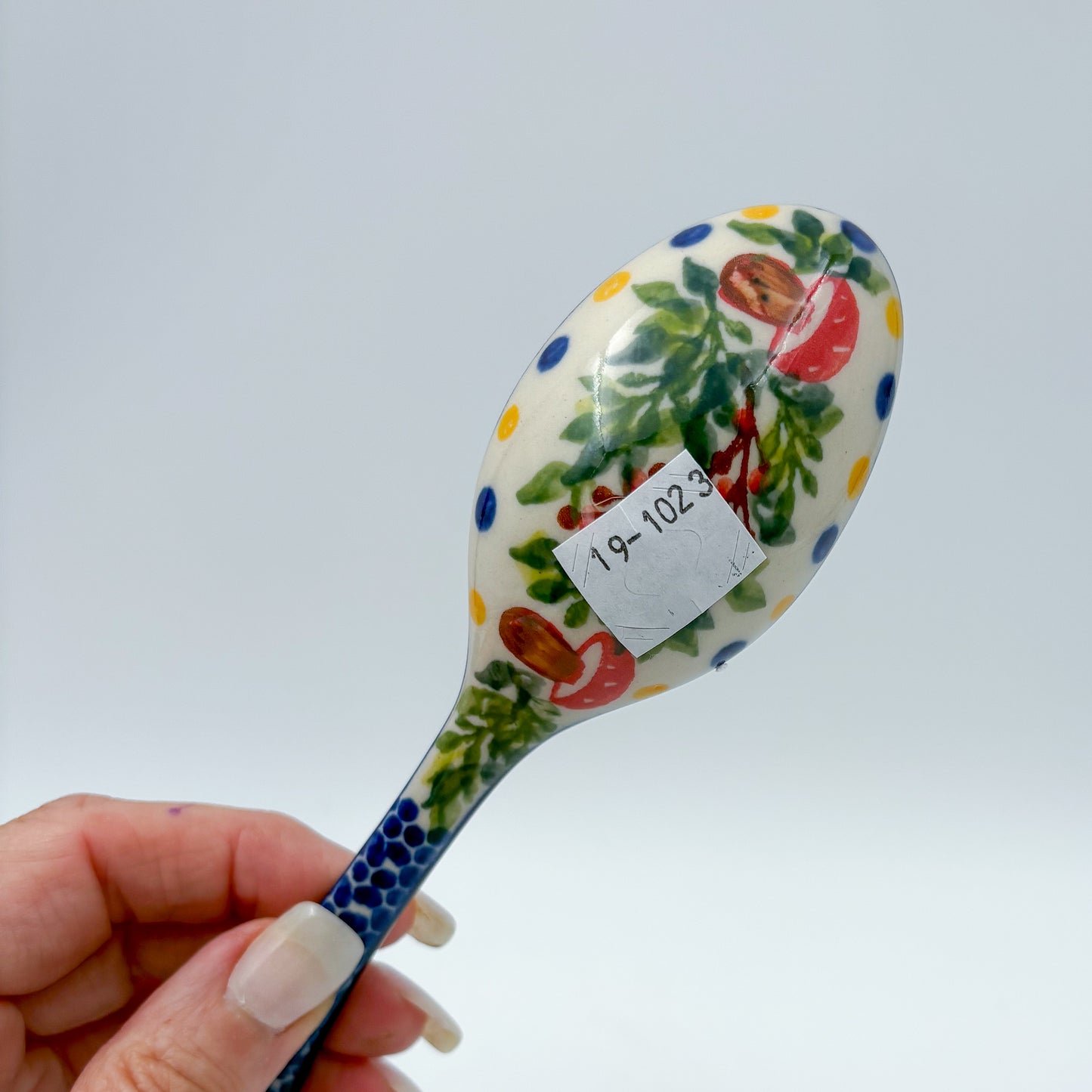 Spoon Lg 8”.  Handmade Polish pottery. UNIKAT Mushroom and Holly