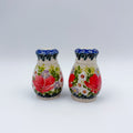 3” Salt and Pepper Shakers.  Handmade Polish pottery.  UNIKAT Scarlet Blossoms
