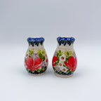 3” Salt and Pepper Shakers.  Handmade Polish pottery.  UNIKAT Scarlet Blossoms