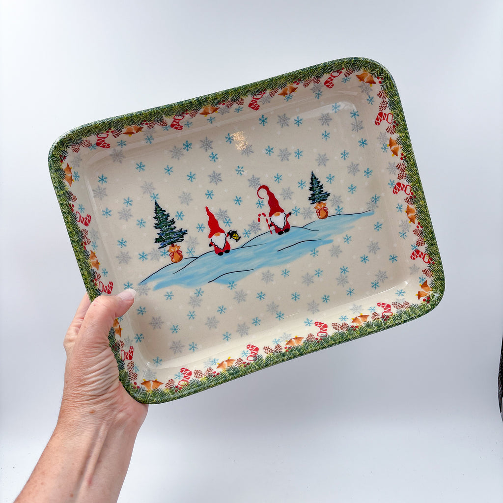 9” Rectangular Baker. Handmade in Poland.  UNIKAT Gnome Winter