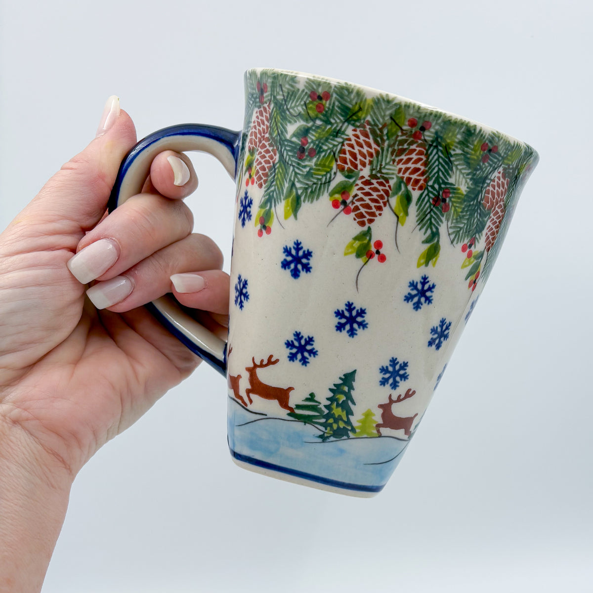 Mug XL 18oz. Handcrafted Polish pottery stoneware:  UNIKAT Reindeer Bliss