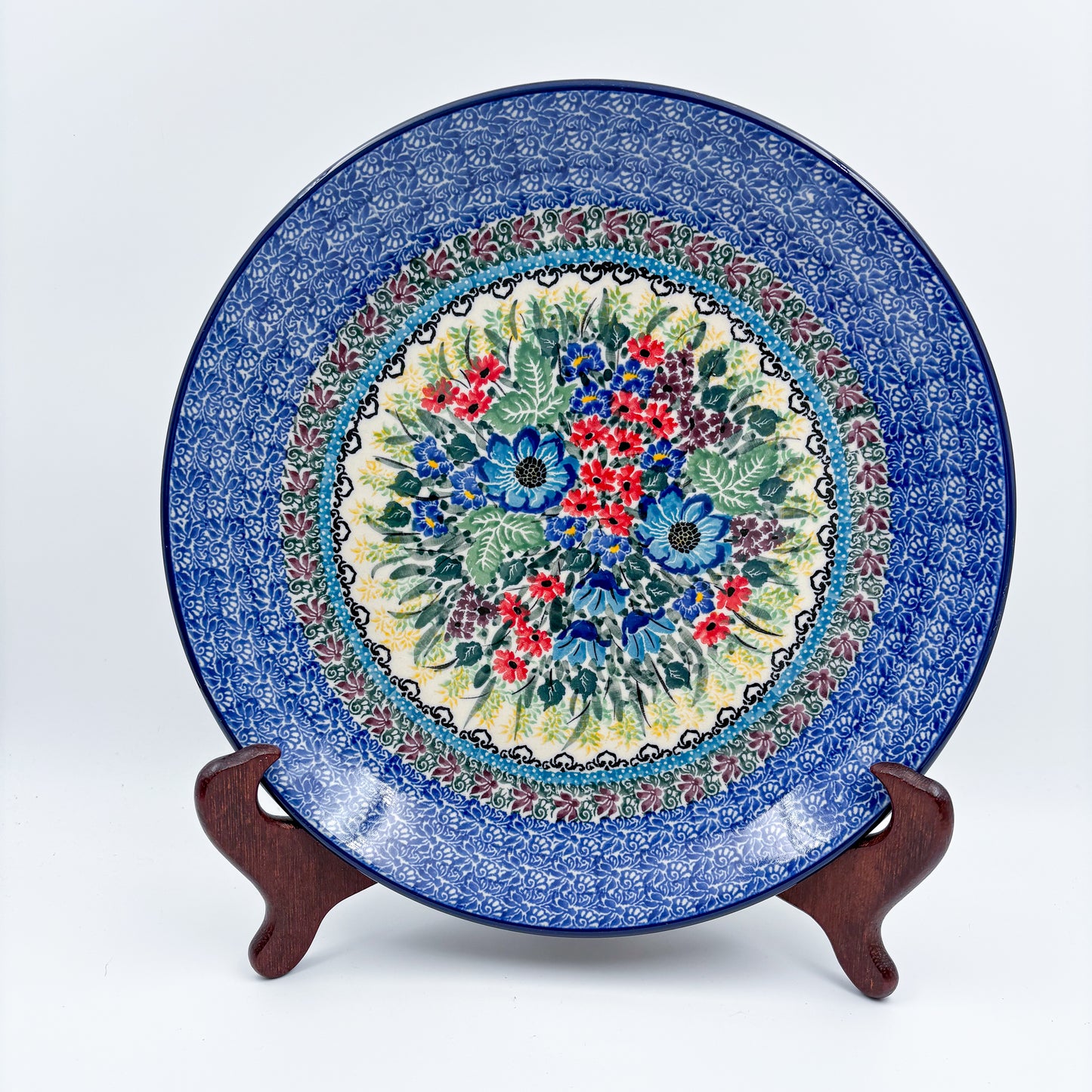10.5” Plate.  Hand crafted Polish pottery stoneware: UNIKAT Splendid Meadow Design