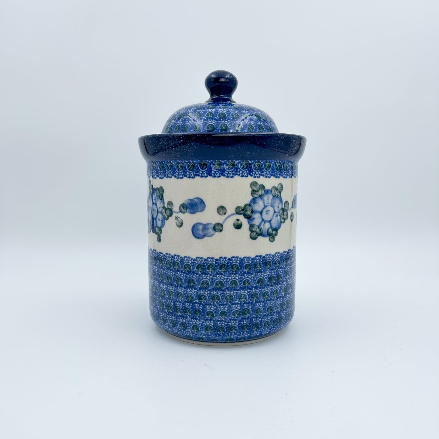 8" Cookie Jar. Hand painted Polish pottery stoneware.  Blue Poppies