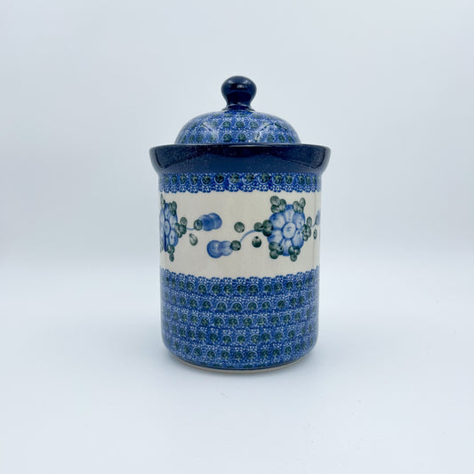 8" Cookie Jar. Hand painted Polish pottery stoneware.  Blue Poppies