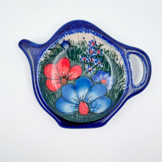 Teabag Holder.  Handmade Teapot Polish pottery.  UNIKAT Forget Me Not Pansy