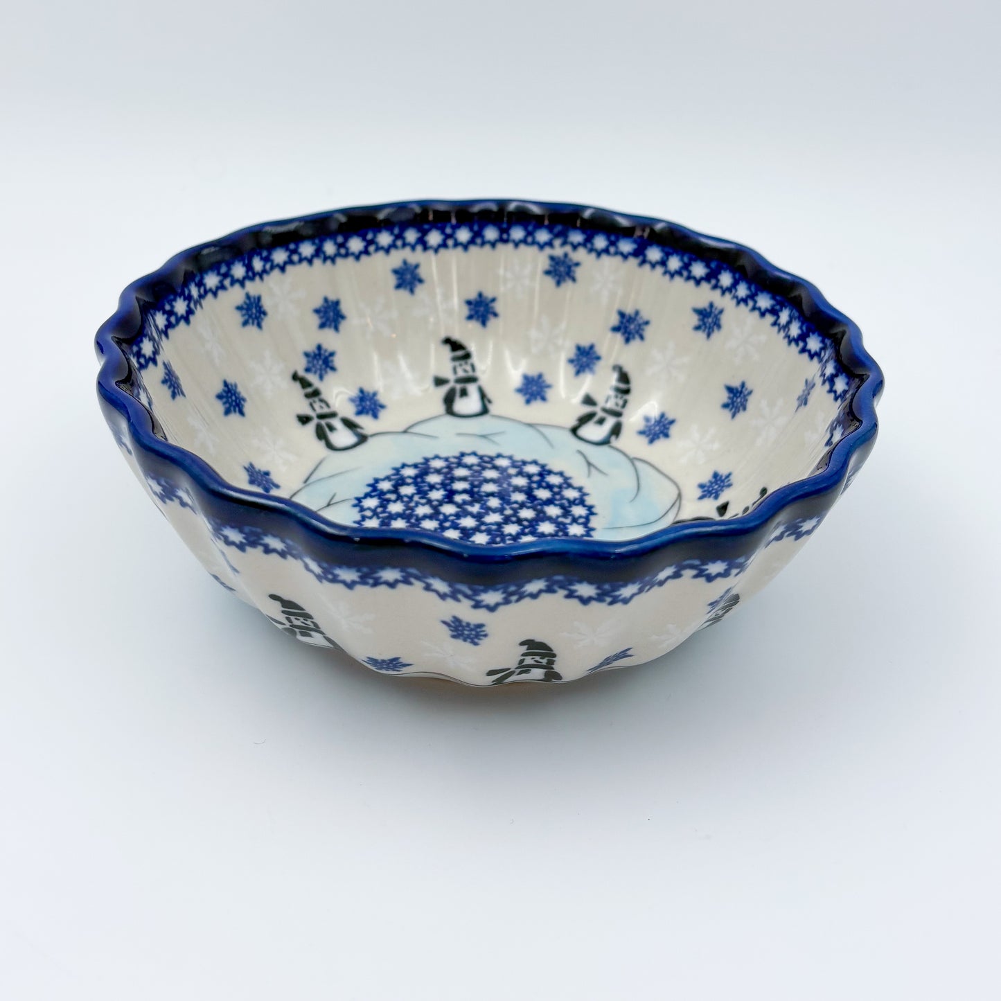 6” Shell Bowl.  Hand crafted Polish pottery stoneware:  Snowman Penguins Design