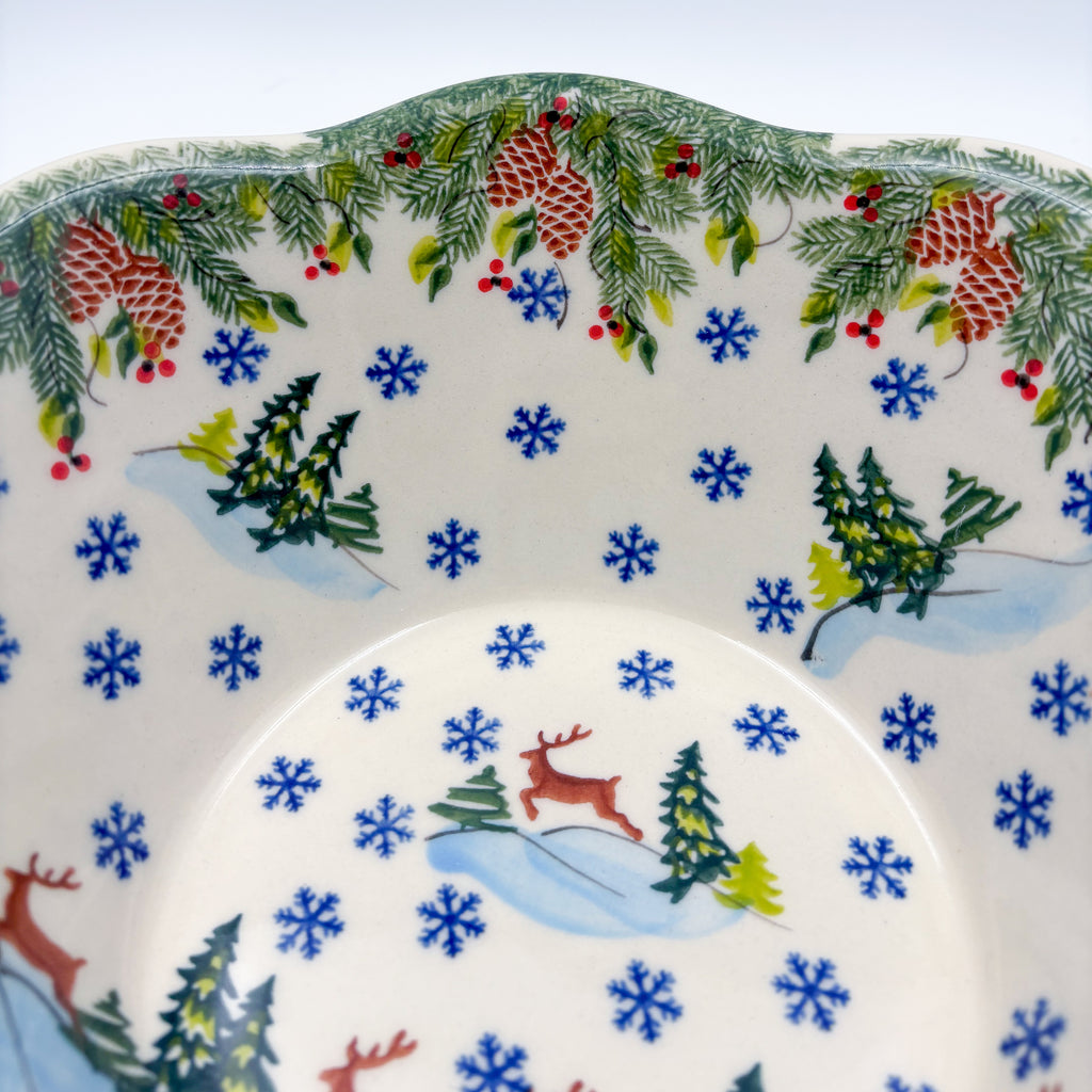 9” Wavy Bowl.  Hand crafted Polish pottery stoneware:  UNIKAT Reindeer Bliss