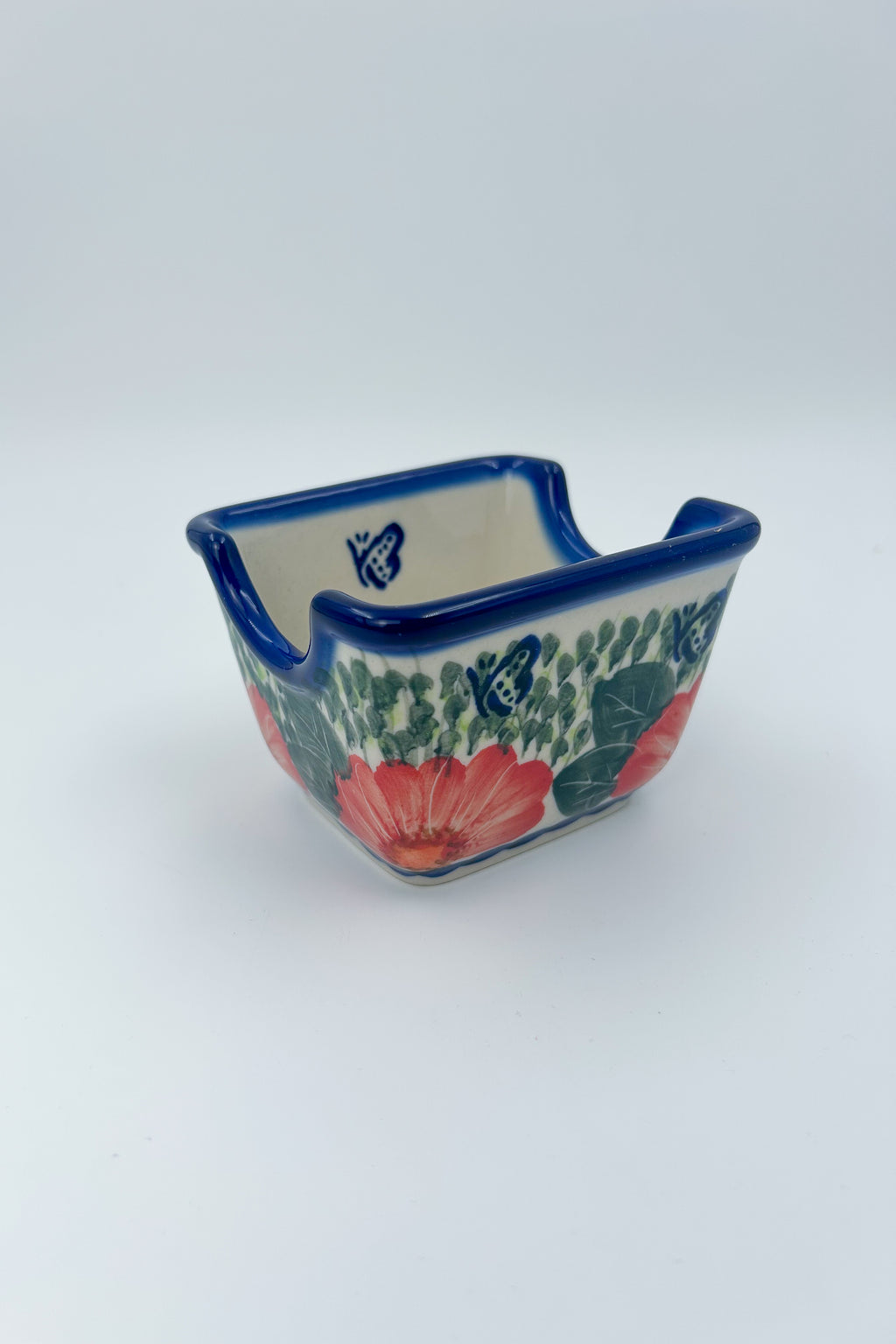 Polish pottery hand made  3” rectangular sugar packet holder in Happiness Pattern.
Ceramika Bona Company