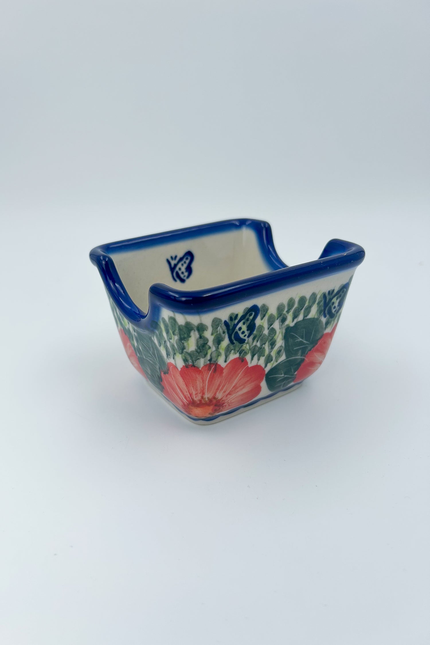 Polish pottery hand made  3” rectangular sugar packet holder in Happiness Pattern.
Ceramika Bona Company