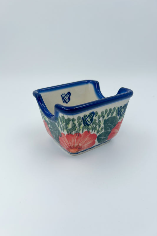 Polish pottery hand made  3” rectangular sugar packet holder in Happiness Pattern.
Ceramika Bona Company