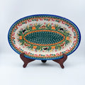 14.5" Oval Platter.  Hand crafted Polish pottery stoneware: UNIKAT Hedgehog and Pumpkins