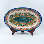 14.5" Oval Platter.  Hand crafted Polish pottery stoneware: UNIKAT Hedgehog and Pumpkins