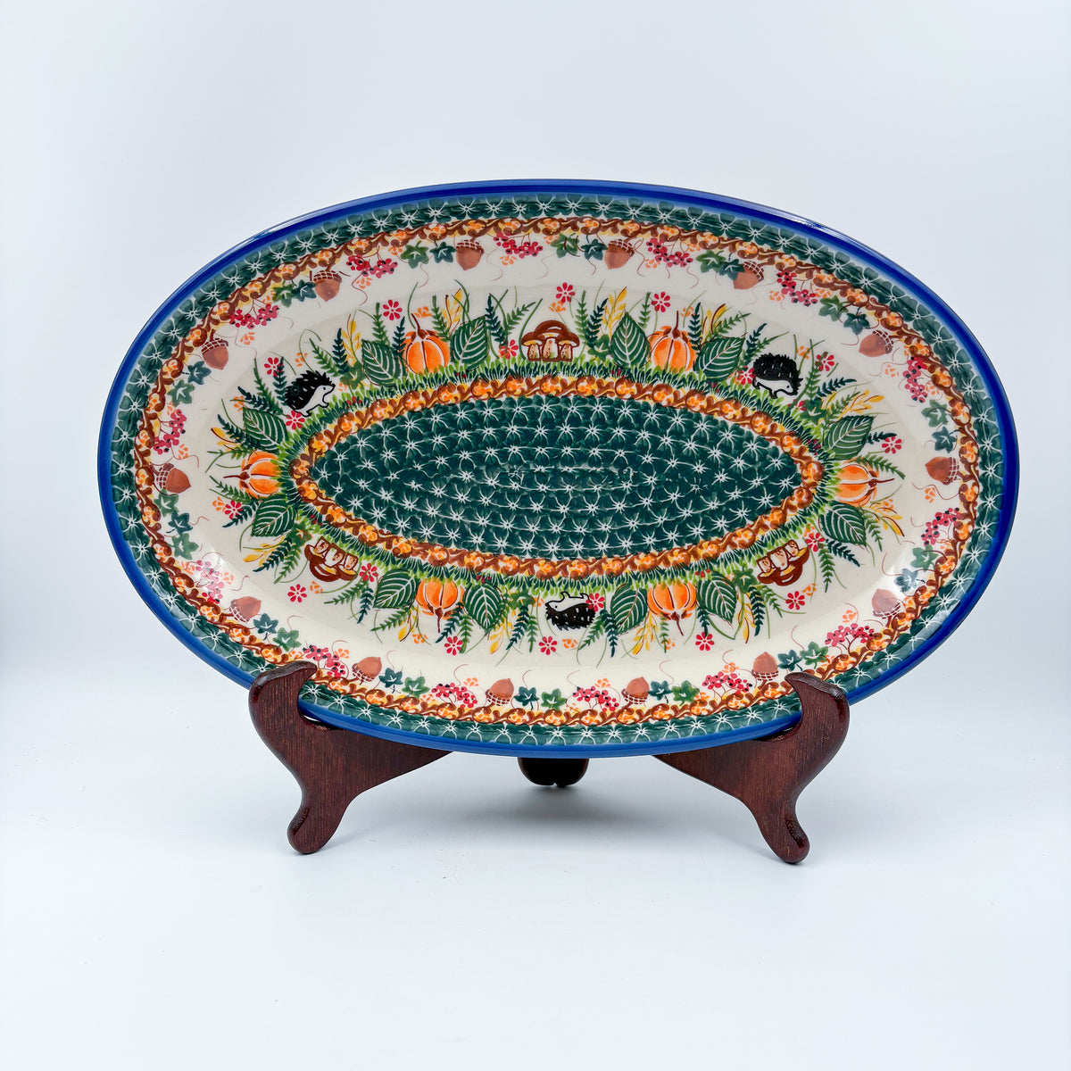 14.5" Oval Platter.  Hand crafted Polish pottery stoneware: UNIKAT Hedgehog and Pumpkins