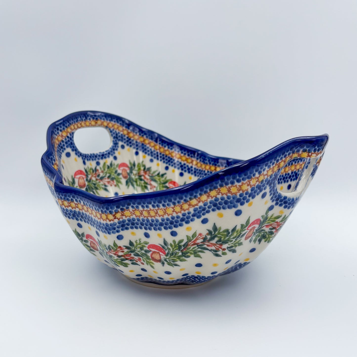 10" Lodka Bowl with Handles.  Hand crafted Polish pottery stoneware:  UNIKAT Mushroom Pattern